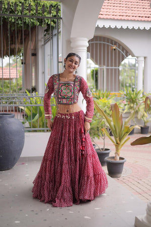 Maroon Bandhani Printed Georgette Free Size Stitched Lehenga (ACA9650)