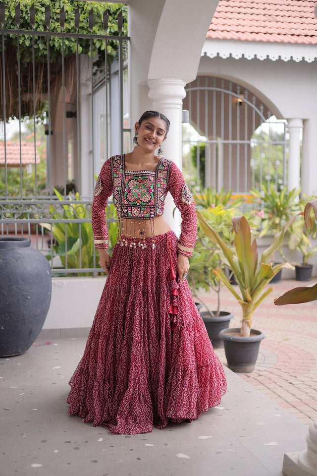 Maroon Bandhani Printed Georgette Free Size Stitched Lehenga (ACA9650)
