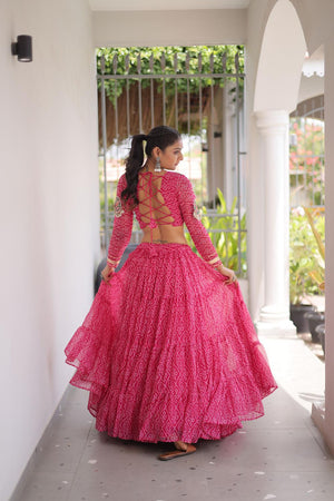 Pink Bandhani Printed Georgette Free Size Stitched Lehenga (ACA9651)