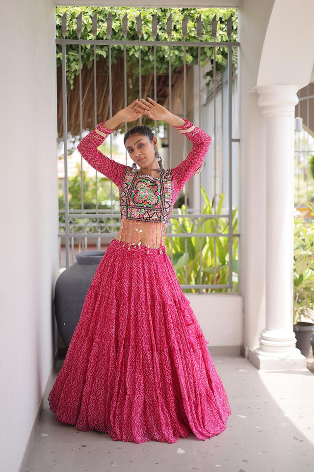 Pink Bandhani Printed Georgette Free Size Stitched Lehenga (ACA9651)