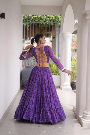 Purple Bandhani Printed Georgette Free Size Stitched Lehenga (ACA9652)
