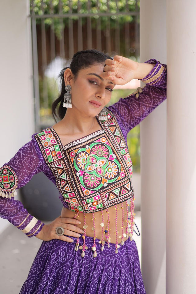 Purple Bandhani Printed Georgette Free Size Stitched Lehenga (ACA9652)