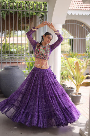 Purple Bandhani Printed Georgette Free Size Stitched Lehenga (ACA9652)