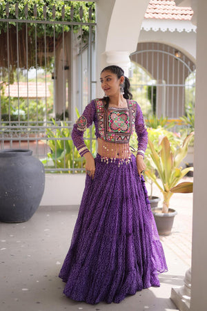 Purple Bandhani Printed Georgette Free Size Stitched Lehenga (ACA9652)