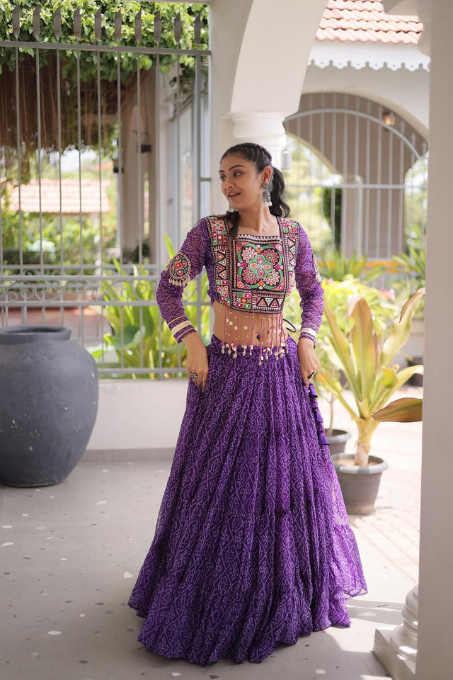 Purple Bandhani Printed Georgette Free Size Stitched Lehenga (ACA9652)