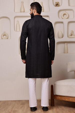 Mens Black Sequin with Embroidered Cotton Blend Kurta Set (ACA9653)