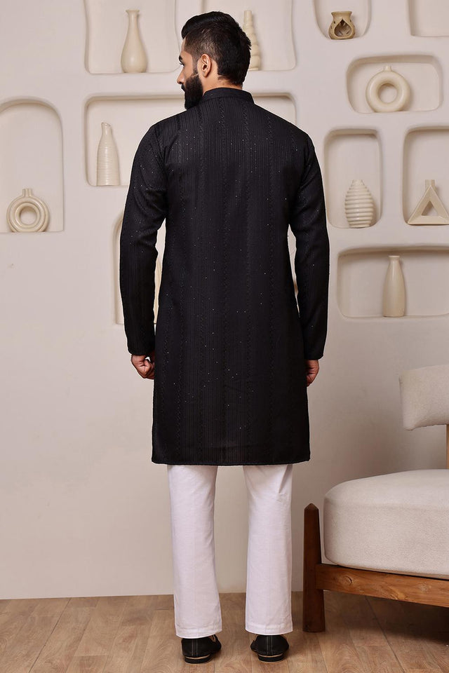 Mens Black Sequin with Embroidered Cotton Blend Kurta Set (ACA9653)