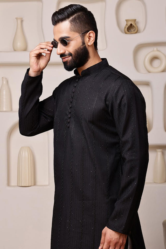 Mens Black Sequin with Embroidered Cotton Blend Kurta Set (ACA9653)