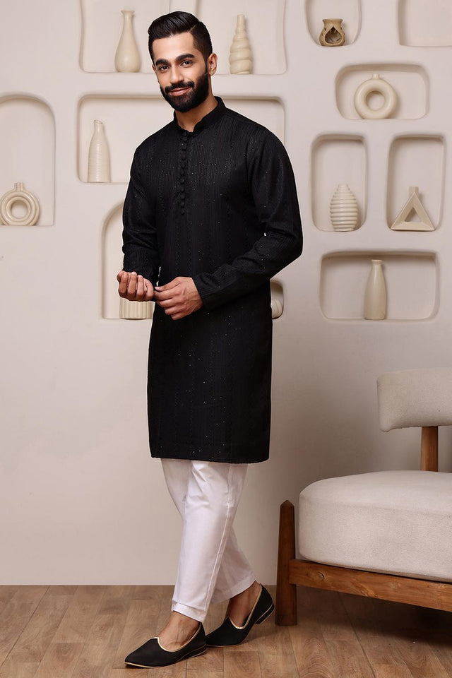 Mens Black Sequin with Embroidered Cotton Blend Kurta Set (ACA9653)