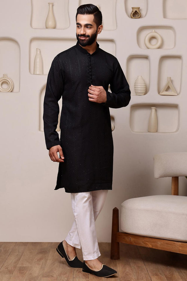 Mens Black Sequin with Embroidered Cotton Blend Kurta Set (ACA9653)