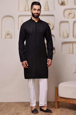 Mens Black Sequin with Embroidered Cotton Blend Kurta Set (ACA9653)