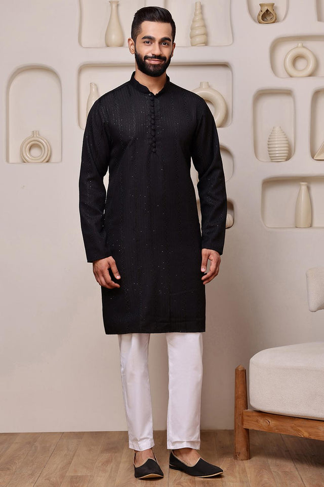 Mens Black Sequin with Embroidered Cotton Blend Kurta Set (ACA9653)
