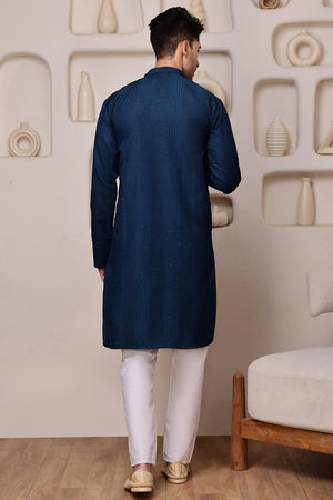 Mens Blue Sequin with Embroidered Cotton Blend Kurta Set (ACA9654)
