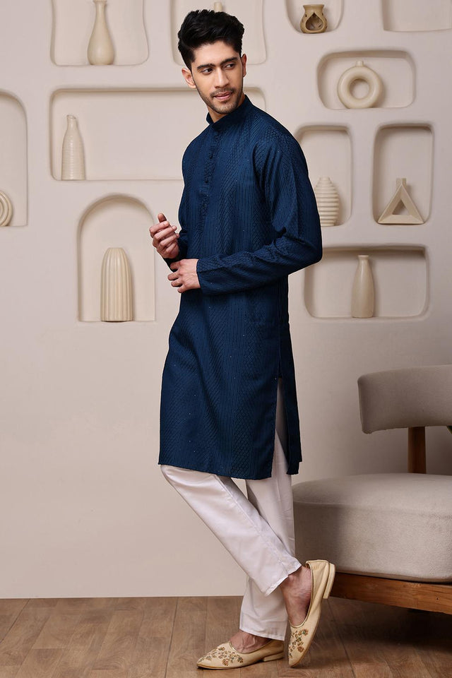 Mens Blue Sequin with Embroidered Cotton Blend Kurta Set (ACA9654)