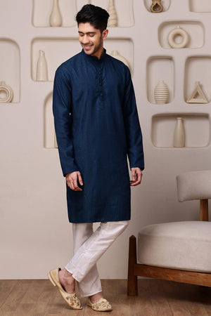 Mens Blue Sequin with Embroidered Cotton Blend Kurta Set (ACA9654)
