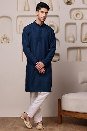Mens Blue Sequin with Embroidered Cotton Blend Kurta Set (ACA9654)