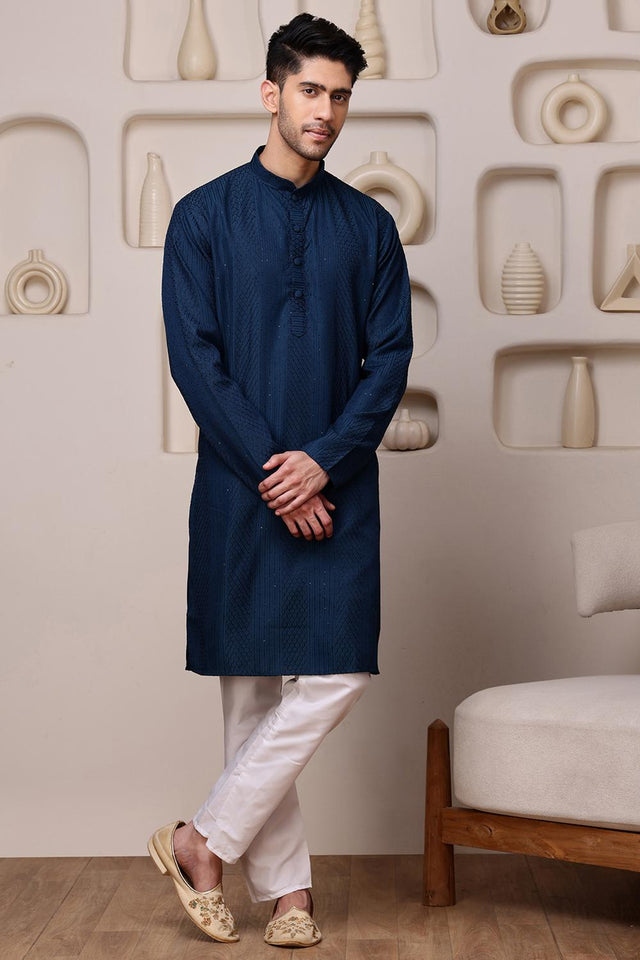 Mens Blue Sequin with Embroidered Cotton Blend Kurta Set (ACA9654)