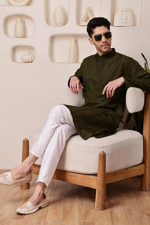 Mens Mehendi Sequin with Embroidered Cotton Blend Kurta Set (ACA9655)