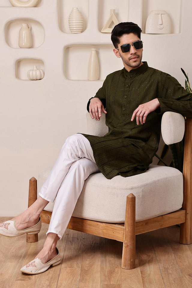 Mens Mehendi Sequin with Embroidered Cotton Blend Kurta Set (ACA9655)