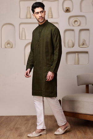 Mens Mehendi Sequin with Embroidered Cotton Blend Kurta Set (ACA9655)