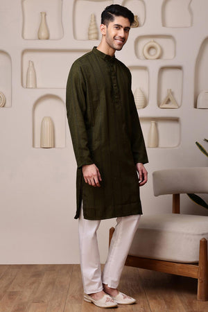 Mens Mehendi Sequin with Embroidered Cotton Blend Kurta Set (ACA9655)