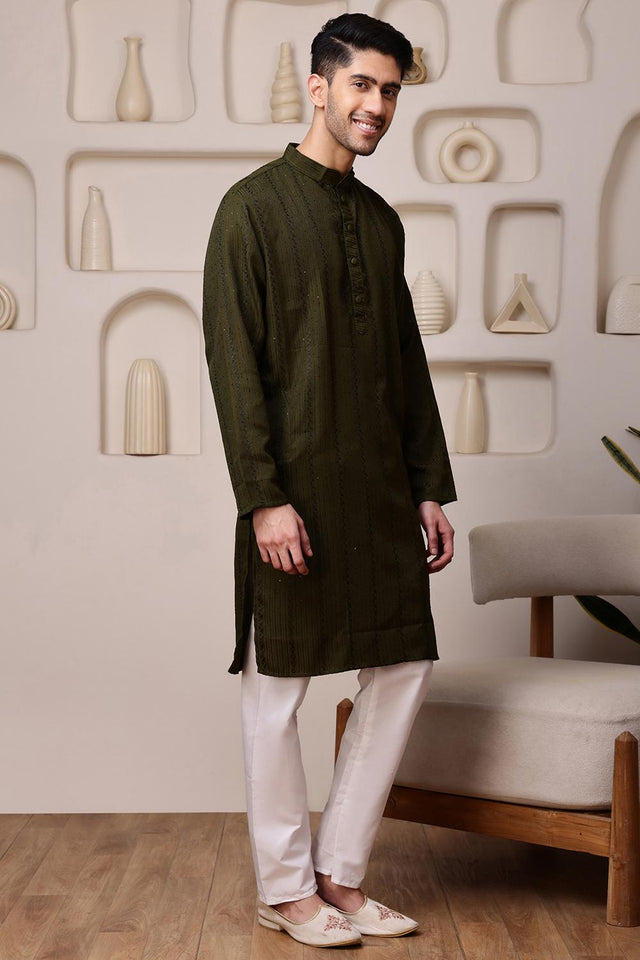 Mens Mehendi Sequin with Embroidered Cotton Blend Kurta Set (ACA9655)