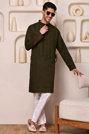 Mens Mehendi Sequin with Embroidered Cotton Blend Kurta Set (ACA9655)