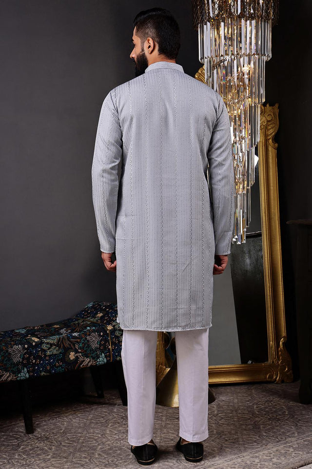Mens Grey Sequin with Embroidered Cotton Blend Kurta Set (ACA9656)