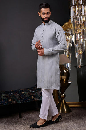 Mens Grey Sequin with Embroidered Cotton Blend Kurta Set (ACA9656)