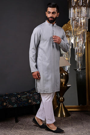 Mens Grey Sequin with Embroidered Cotton Blend Kurta Set (ACA9656)
