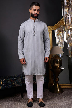 Mens Grey Sequin with Embroidered Cotton Blend Kurta Set (ACA9656)