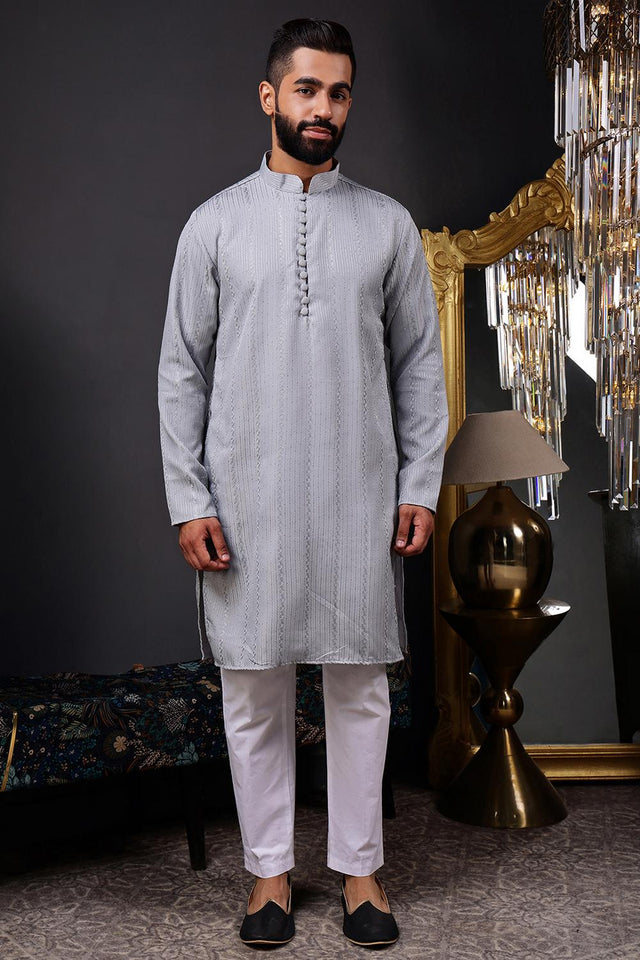Mens Grey Sequin with Embroidered Cotton Blend Kurta Set (ACA9656)