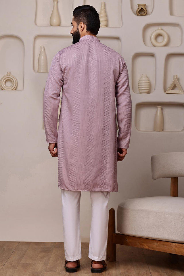 Mens Pink Sequin with Embroidered Cotton Blend Kurta Set (ACA9657)