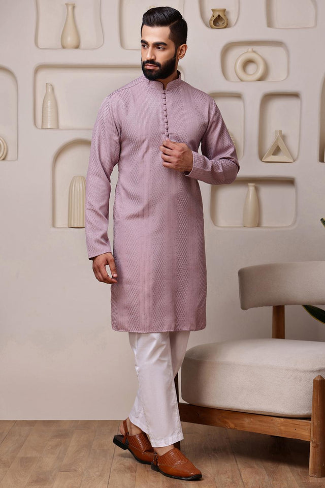 Mens Pink Sequin with Embroidered Cotton Blend Kurta Set (ACA9657)