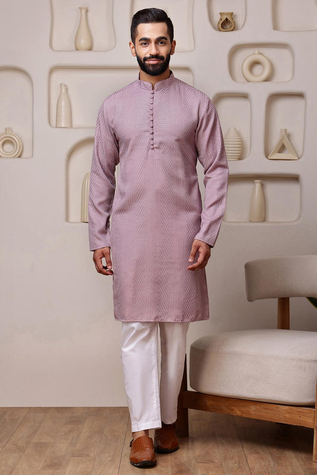 Mens Pink Sequin with Embroidered Cotton Blend Kurta Set (ACA9657)