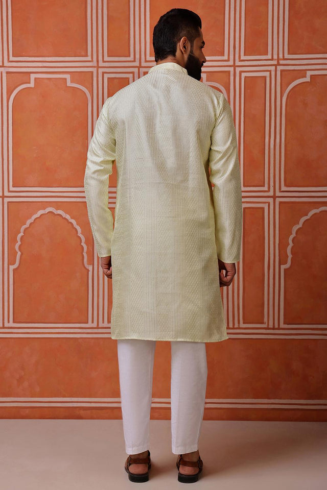 Mens Green Sequin with Embroidered Cotton Blend Kurta Set (ACA9658)