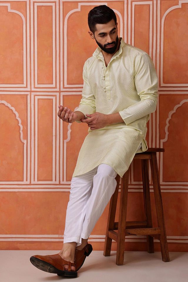 Mens Green Sequin with Embroidered Cotton Blend Kurta Set (ACA9658)