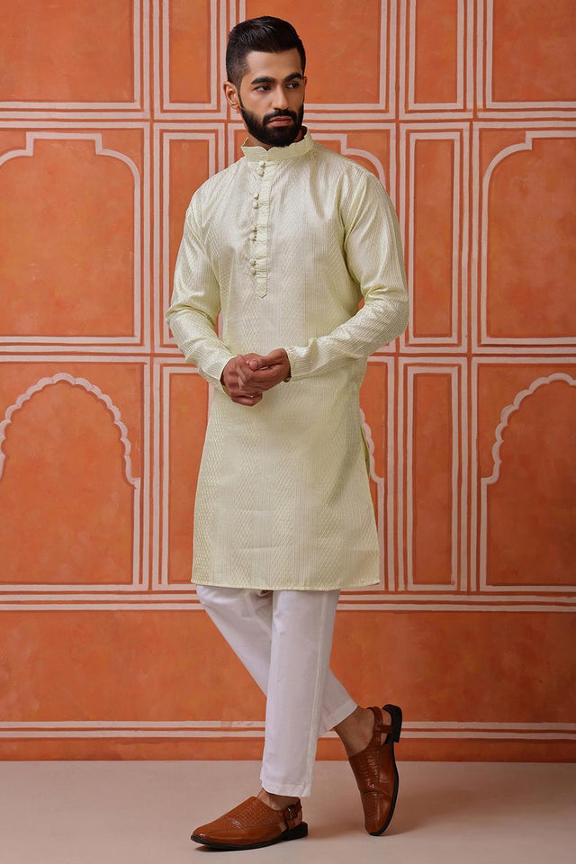 Mens Green Sequin with Embroidered Cotton Blend Kurta Set (ACA9658)