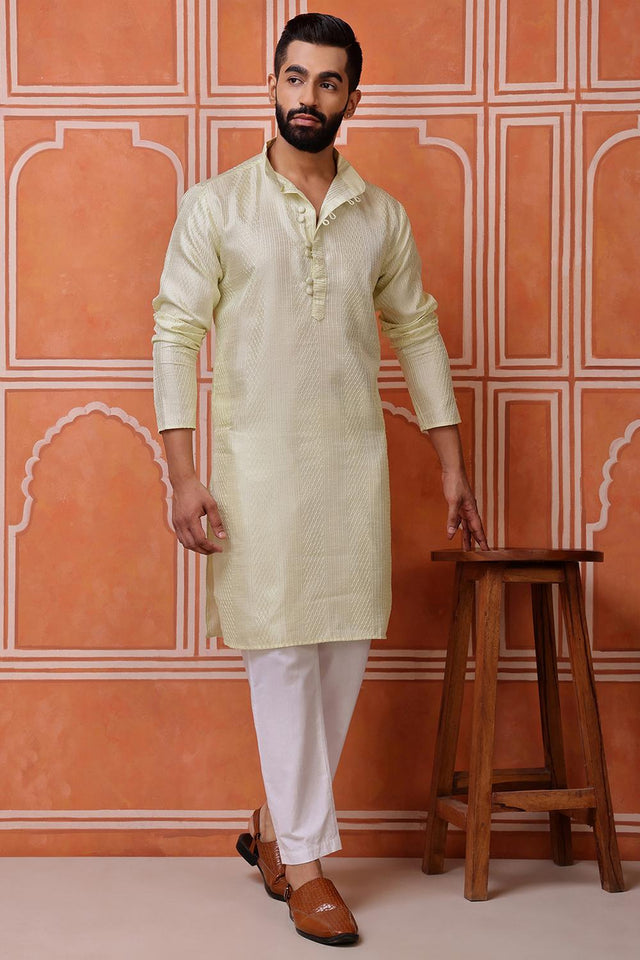 Mens Green Sequin with Embroidered Cotton Blend Kurta Set (ACA9658)