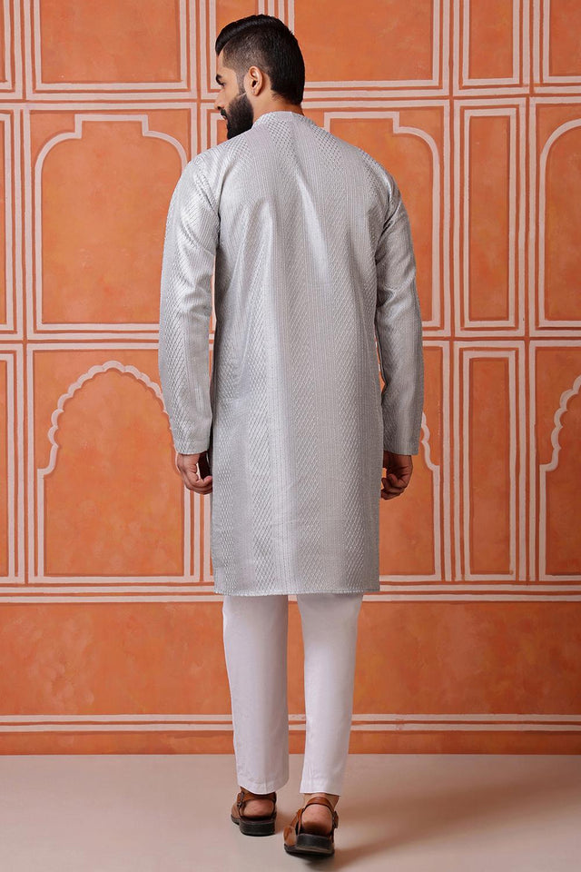 Mens Grey Sequin with Embroidered Cotton Blend Kurta Set (ACA9659)