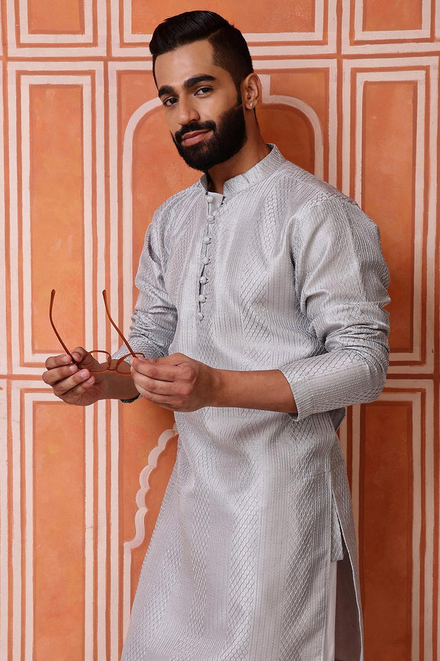 Mens Grey Sequin with Embroidered Cotton Blend Kurta Set (ACA9659)