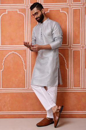 Mens Grey Sequin with Embroidered Cotton Blend Kurta Set (ACA9659)