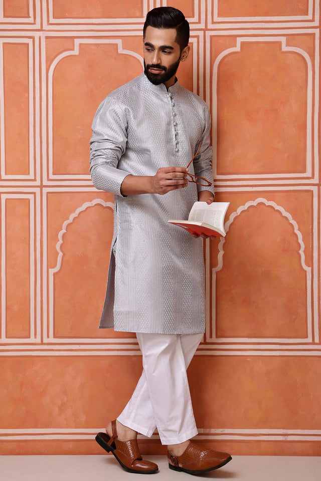 Mens Grey Sequin with Embroidered Cotton Blend Kurta Set (ACA9659)