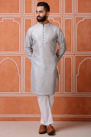 Mens Grey Sequin with Embroidered Cotton Blend Kurta Set (ACA9659)