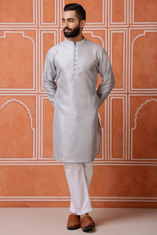 Mens Grey Sequin with Embroidered Cotton Blend Kurta Set (ACA9659)