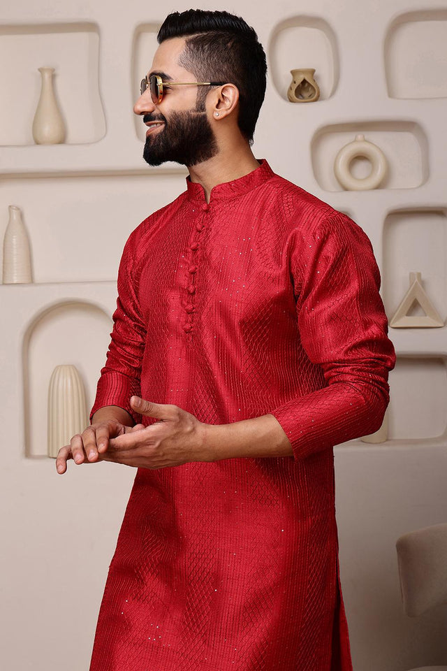 Mens Red Sequin with Embroidered Cotton Blend Kurta Set (ACA9660)