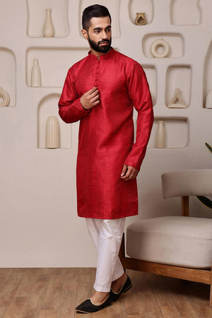 Mens Red Sequin with Embroidered Cotton Blend Kurta Set (ACA9660)