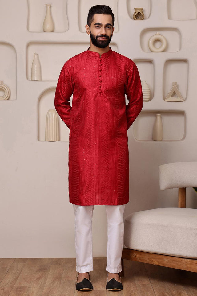 Mens Red Sequin with Embroidered Cotton Blend Kurta Set (ACA9660)