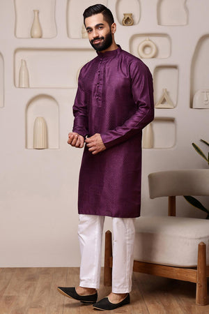 Mens Wine Sequin with Embroidered Cotton Blend Kurta Set (ACA9661)