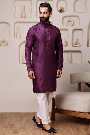 Mens Wine Sequin with Embroidered Cotton Blend Kurta Set (ACA9661)
